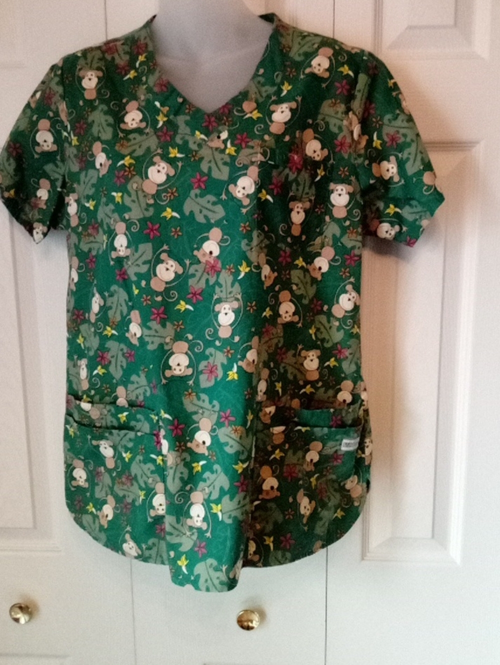 Green Monkey-Print Short Sleeve Scrub Top